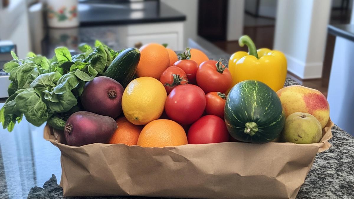 A paper bag full of fresh produce