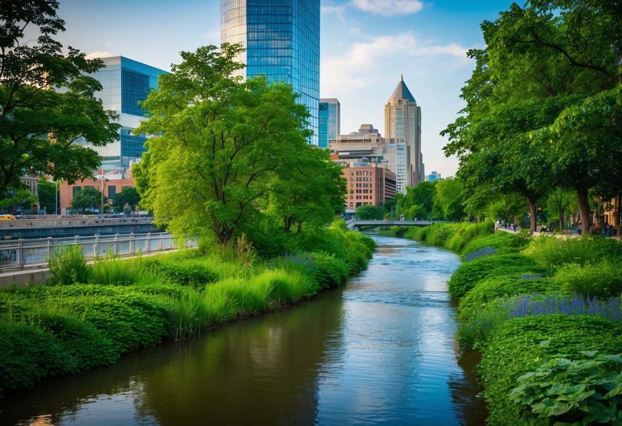 Why Urban Rivers Are Key to Restoring City Ecosystems: Nature's Secret Weapon for Greener Cities 2 Lush greenery and diverse wildlife thrive along a revitalized urban river, with bustling city buildings in the background